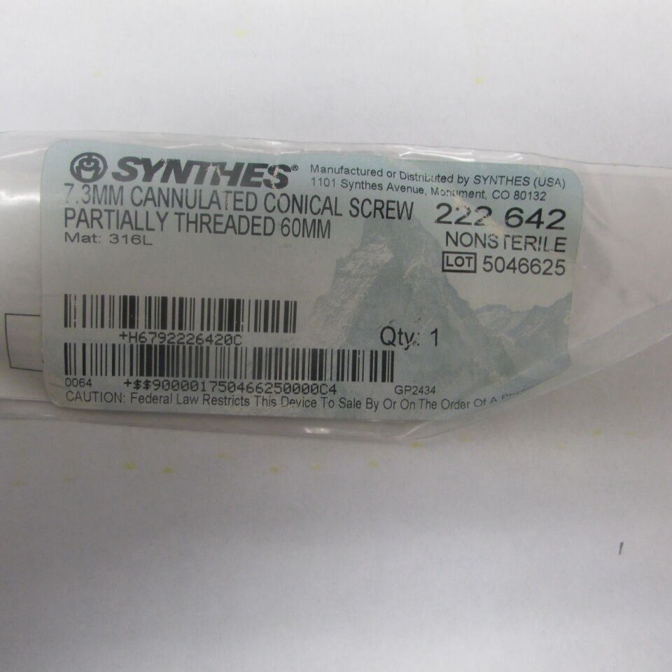 222.642 - SYNTHES - 7.3 cannulated conical screw partially threaded 60mm, () - ( Expiry Date: EACH )