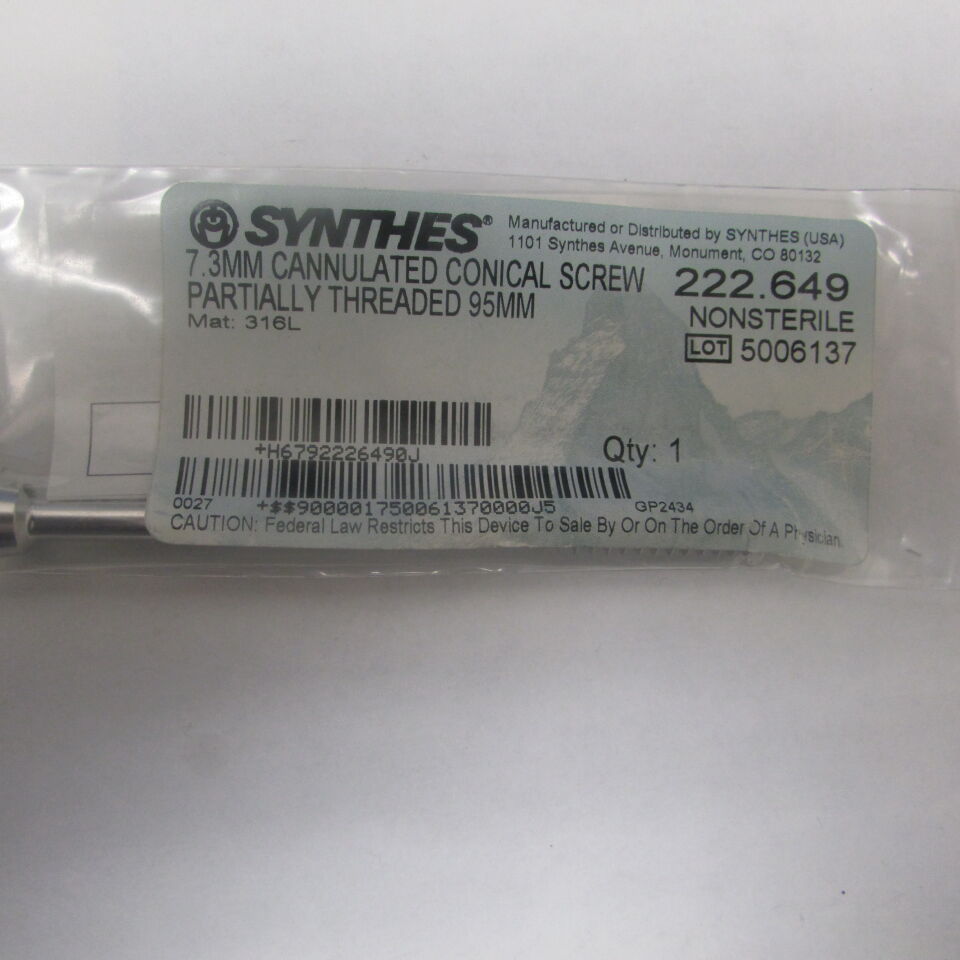 222.649 - SYNTHES - 7.3 cannulated conical screw partially threaded 95mm, () - ( Expiry Date: EACH )