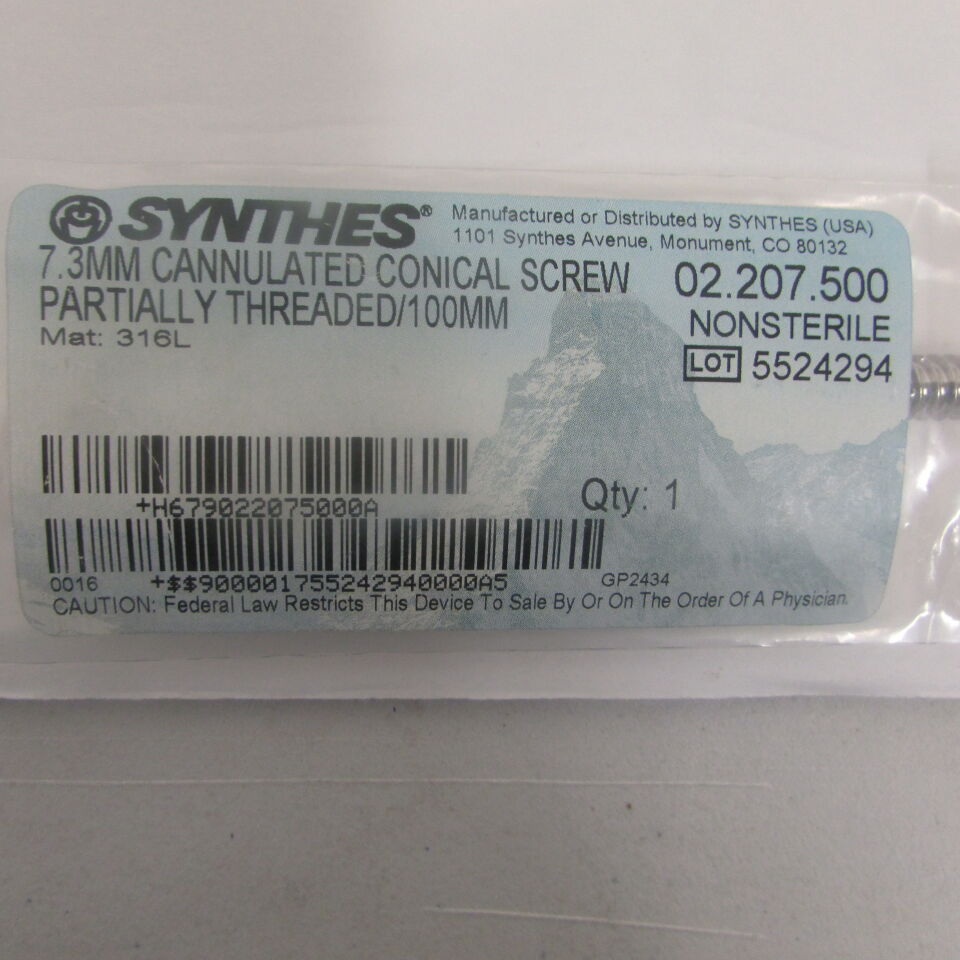 02.207.500 - SYNTHES - 7.3mm cannulated conical screw partially threaded 100mm, () - ( Expiry Date: EACH )
