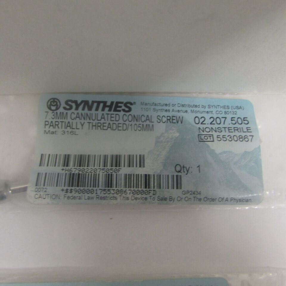 02.207.505 - SYNTHES - 7.3mm cannulated conical screw partially threaded 105mm, () - ( Expiry Date: EACH )