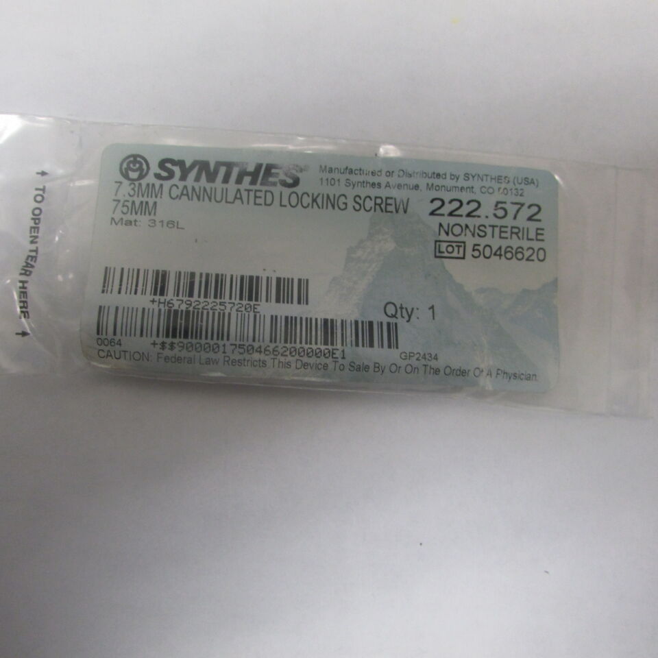 222.572 - SYNTHES - 7.3mm cannulated locking screw 75mm, () - ( Expiry Date: EACH )