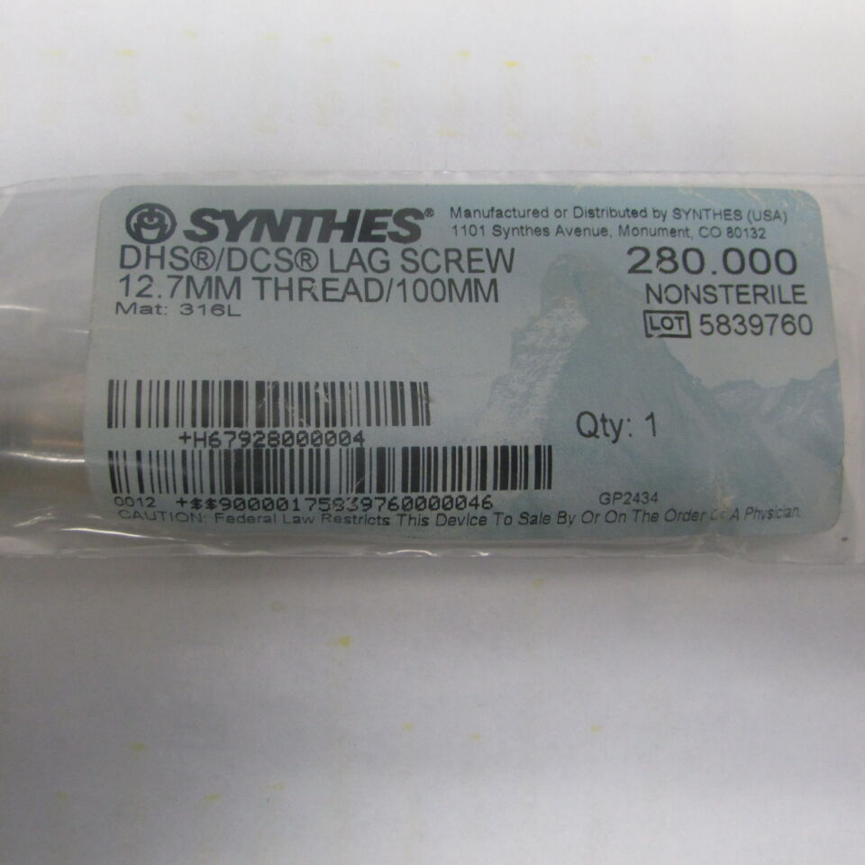 280 - SYNTHES - dhs dcs lag screw 12.7mm thread, () - ( Expiry Date: EACH )