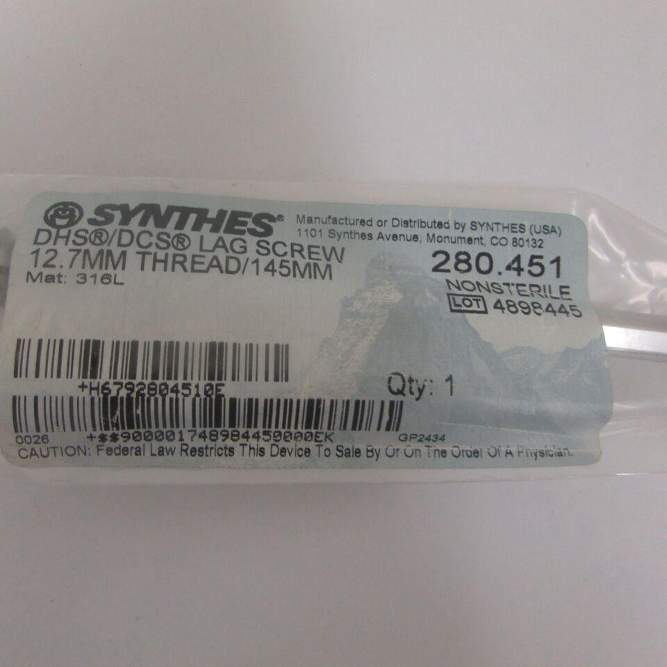 280.451 - SYNTHES - dhs/dcs lag screw 12.7mm thread/145mm, () - ( Expiry Date: EACH )