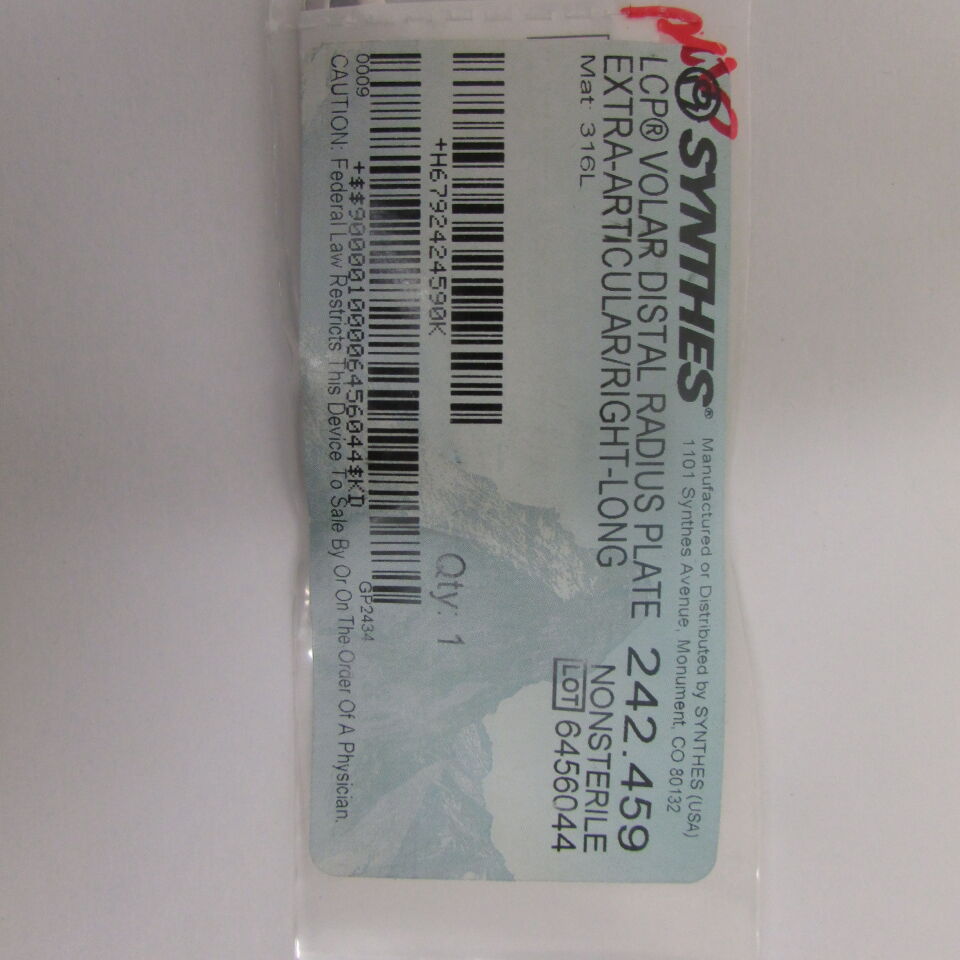 242.459 - SYNTHES - lcp volar distal radius plate extra articular rt long, () - ( Expiry Date: EACH )