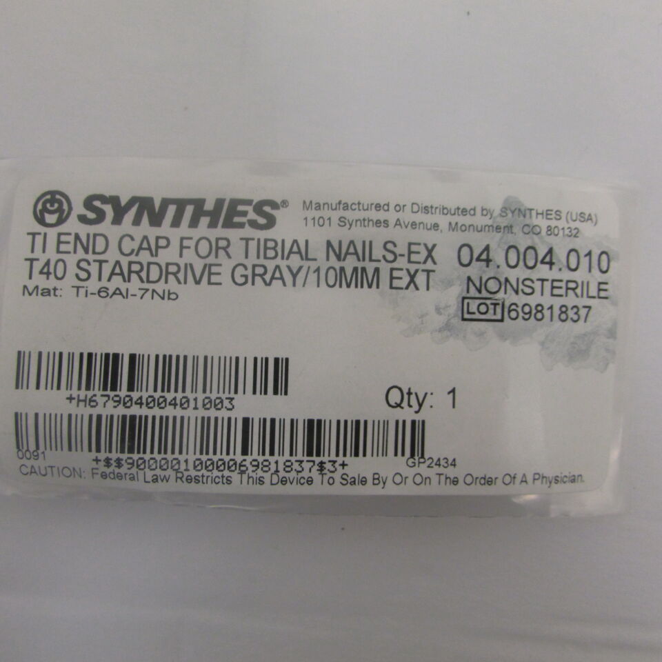 04.004.010 - SYNTHES - ti end cap for tibial nails-ex t40 stardrive gray/10mm ext, () - ( Expiry Date: EACH )