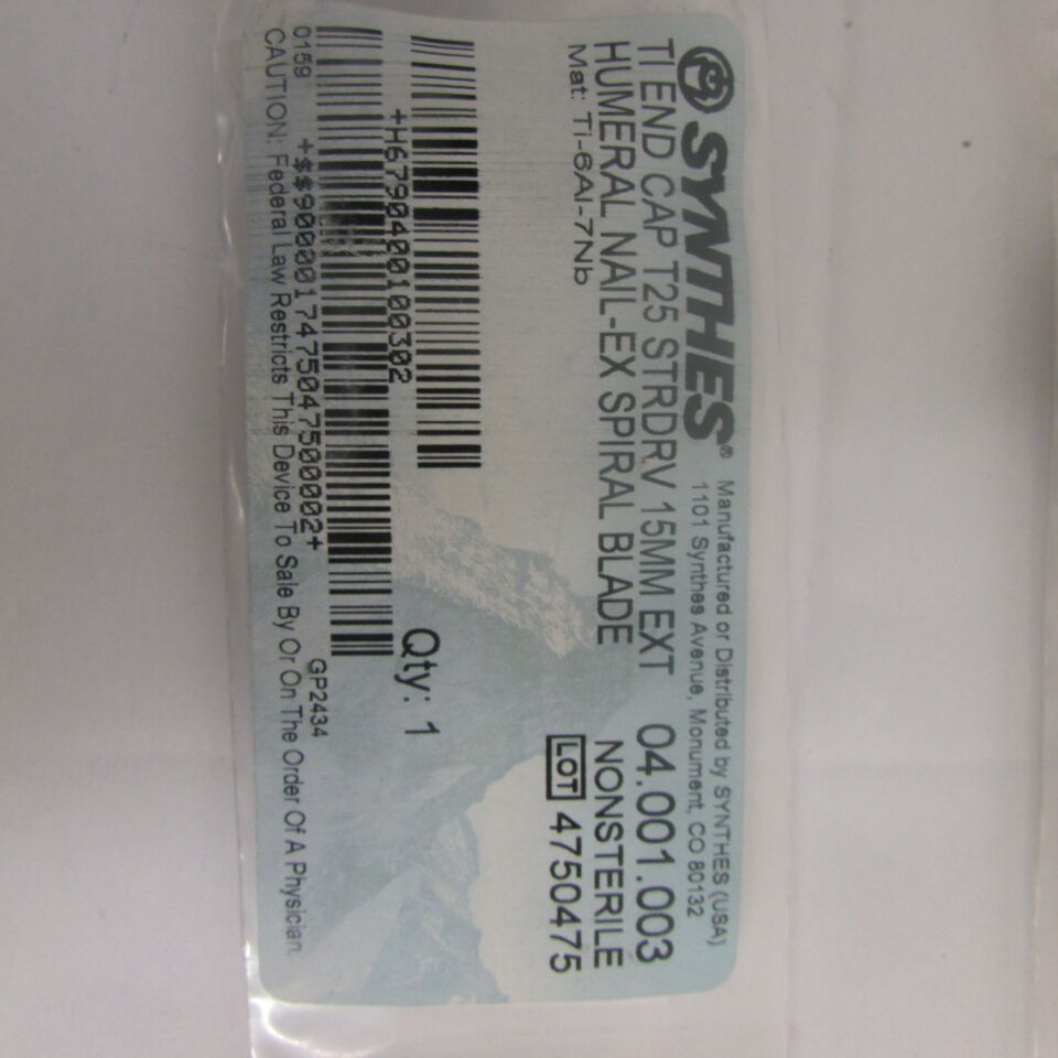 04.001.003 - SYNTHES - ti end capt25 strdrv 15mm ext humeral nail-ex spiral blade , () - ( Expiry Date: EACH )