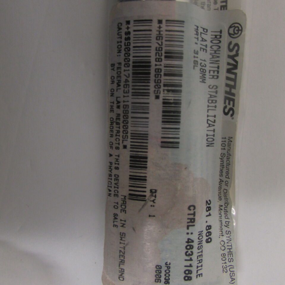 281.869 - SYNTHES - trochanter stabilization plate 138mm, () - ( Expiry Date: EACH )