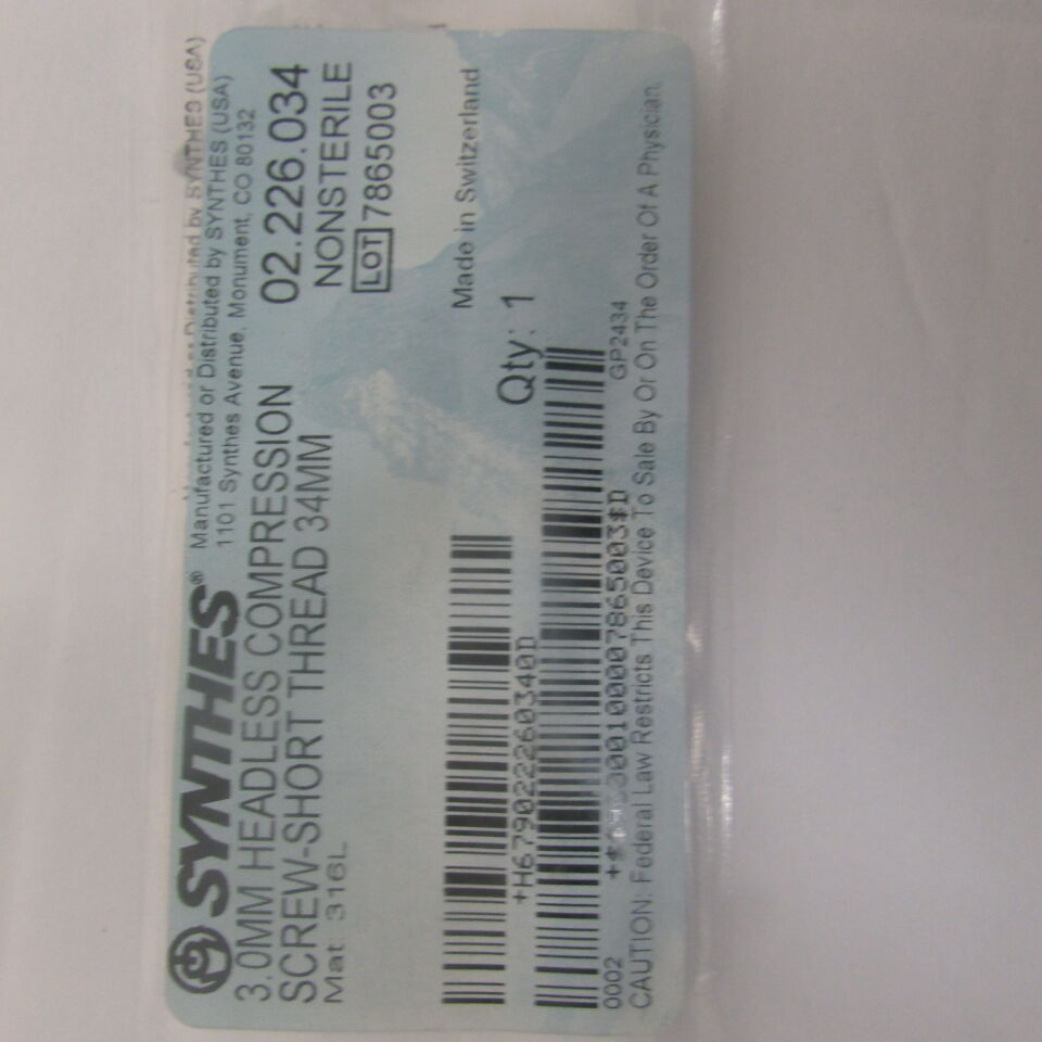 02.226.034 - SYNTHES - 3.0mm headless compression screw-short thread 34mm, () - ( Expiry Date: EACH )