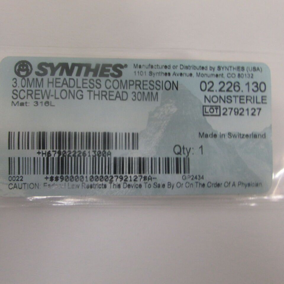 02.226.130 - SYNTHES - 3.0mm headless compression screwlong thread 30mm, () - ( Expiry Date: EACH )