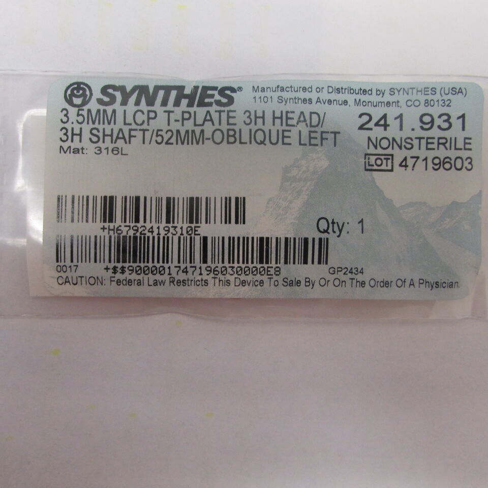 241.931 - SYNTHES - 3.5mm lcp t-plate 3h head/3h shaft/52mm-oblique left, () - ( Expiry Date: EACH )