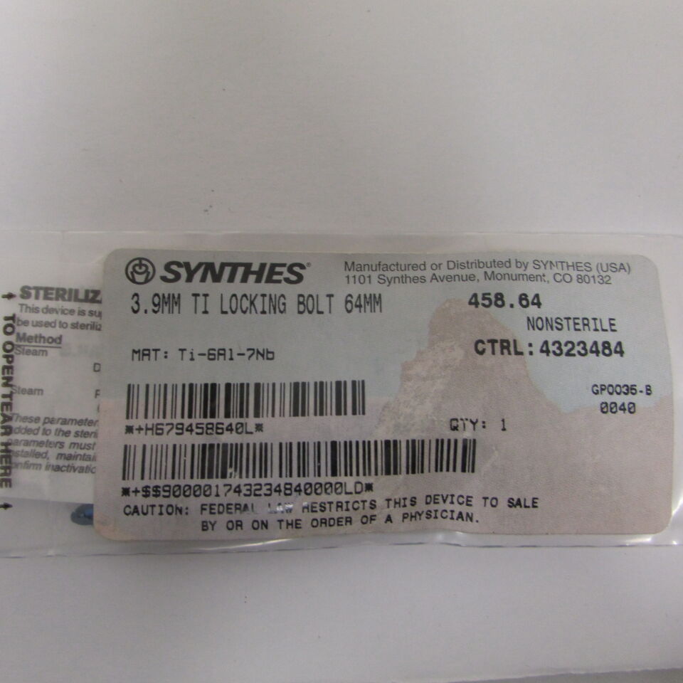 458.64 - SYNTHES - 3.9mm ti locking bolt 64mm, () - ( Expiry Date: EACH )