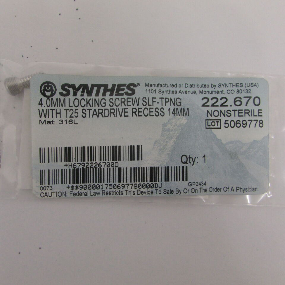 222.67 - SYNTHES - 4.0mm locking screw slf-tpng with t25 stardrive recess 14mm, () - ( Expiry Date: EACH )