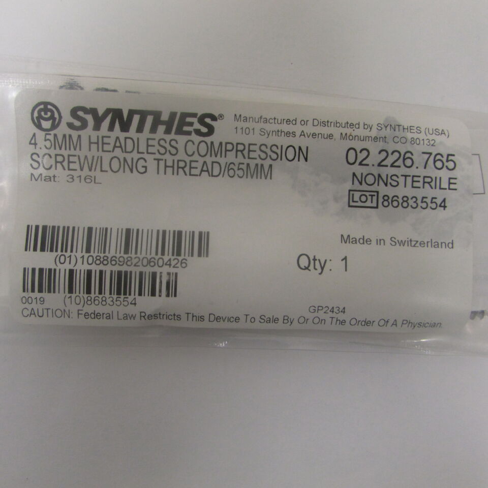 02.226.765 - SYNTHES - 4.5mm headless compression screw/long thread/65mm, () - ( Expiry Date: EACH )