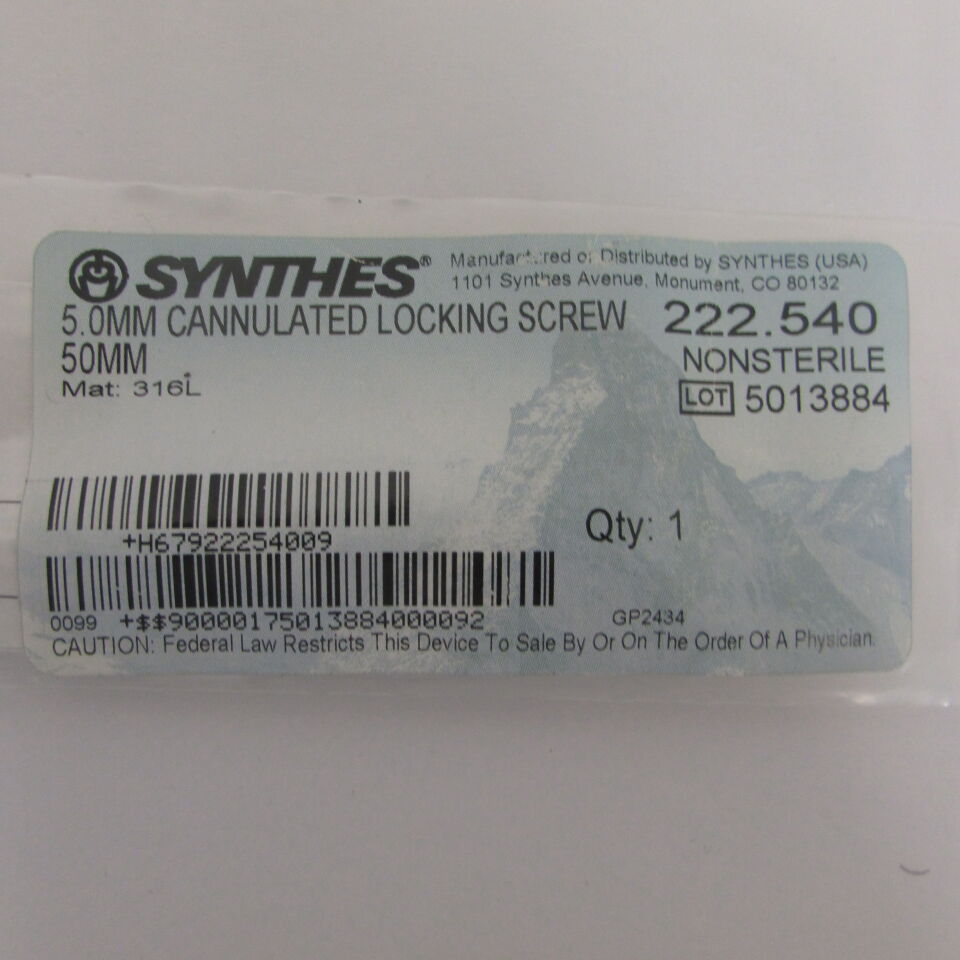 222.54 - SYNTHES - 5.0mm cannulated locking screw 50mm, () - ( Expiry Date: EACH )