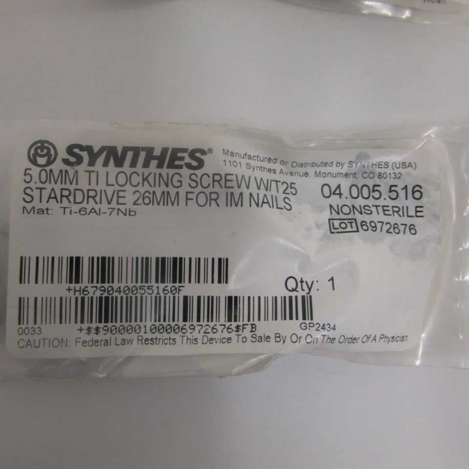 04.005.516 - SYNTHES - 5.0mm ti locking screw w/t25 stardrive 26mm for im nails, () - ( Expiry Date: EACH )