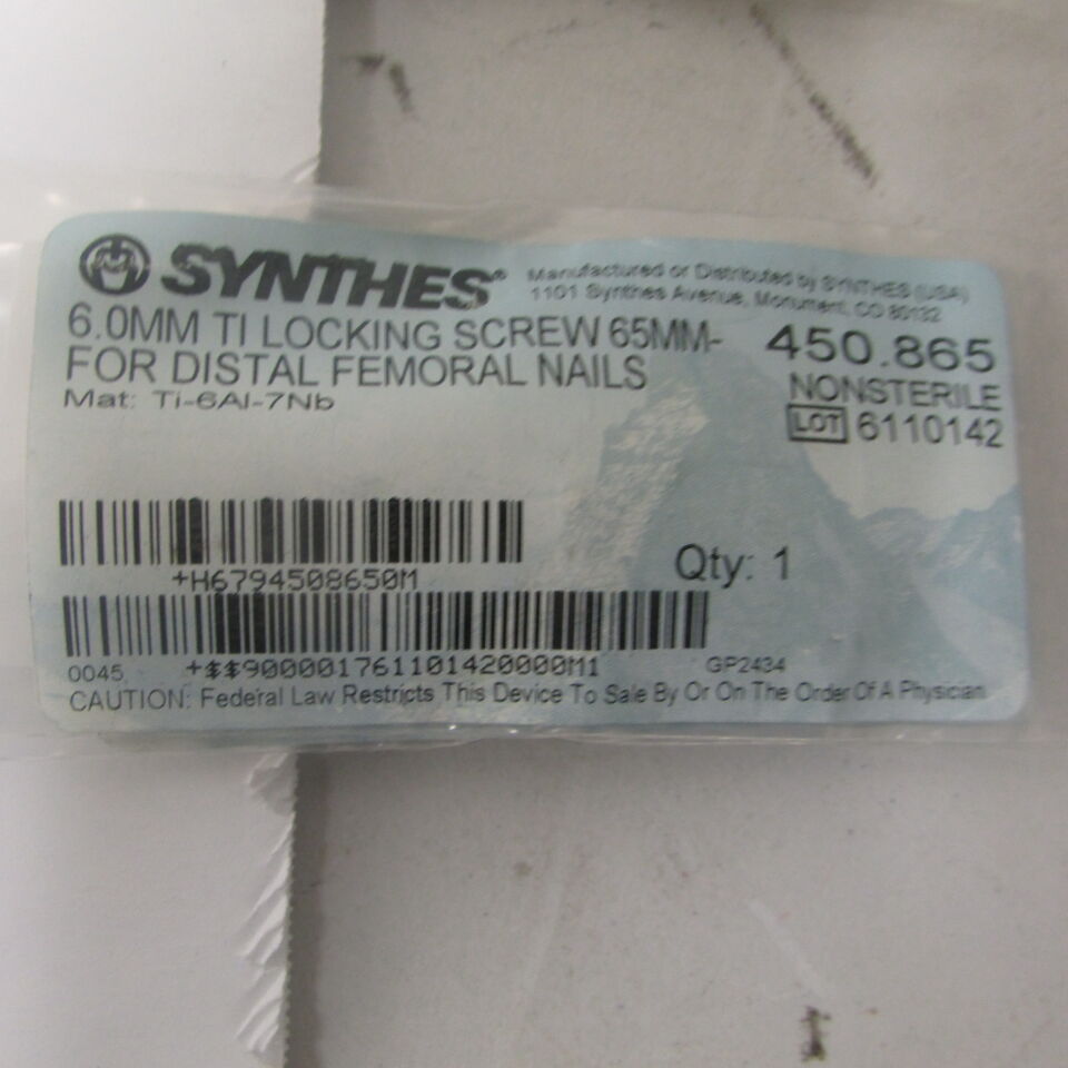 450.865 - SYNTHES - 6.0mm ti locking screw 65mm- for distal femoral nails, () - ( Expiry Date: EACH )