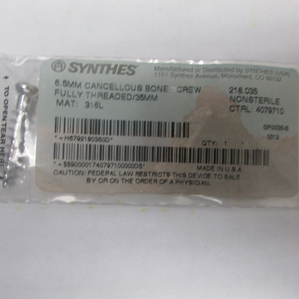 218.035 - SYNTHES - 6.5mm cancellous bone screw fully threaded/35mm, () - ( Expiry Date: EACH )