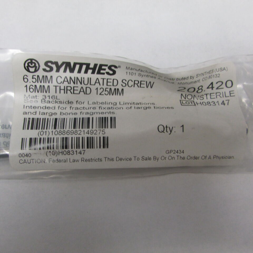 208.42 - SYNTHES - 6.5mm cannulated screw 16mm thread 125mm, () - ( Expiry Date: EACH )
