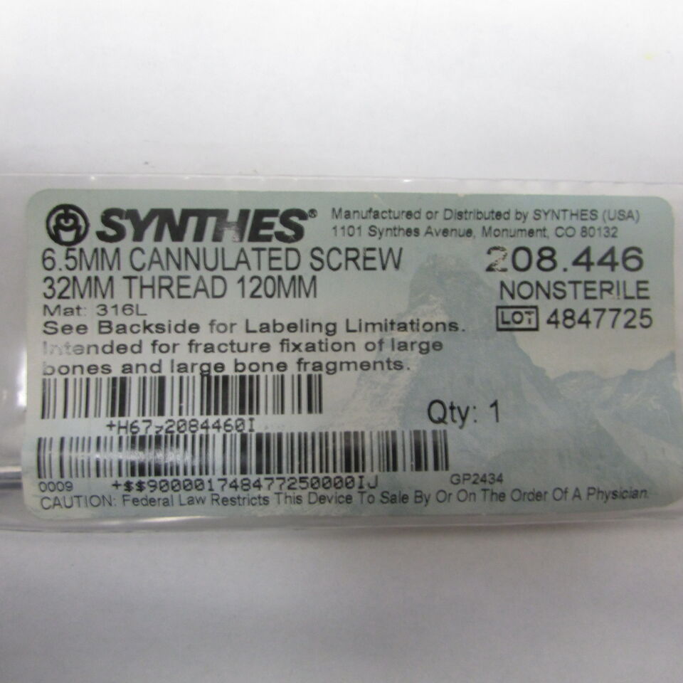 208.446 - SYNTHES - 6.5mm cannulated screw, 32mm thread, 120mm, () - ( Expiry Date: EACH )