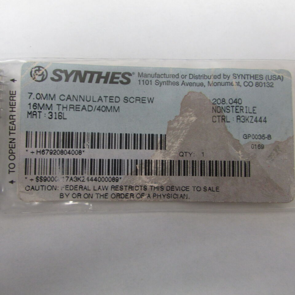 208.04 - SYNTHES - 7.0mm cannulated screw 16mm thread/40mm, () - ( Expiry Date: EACH )