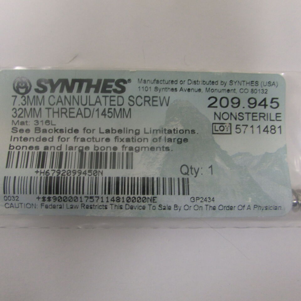 209.945 - SYNTHES - 7.3mm cannulated screw 32mm thread / 145mm, () - ( Expiry Date: EACH )
