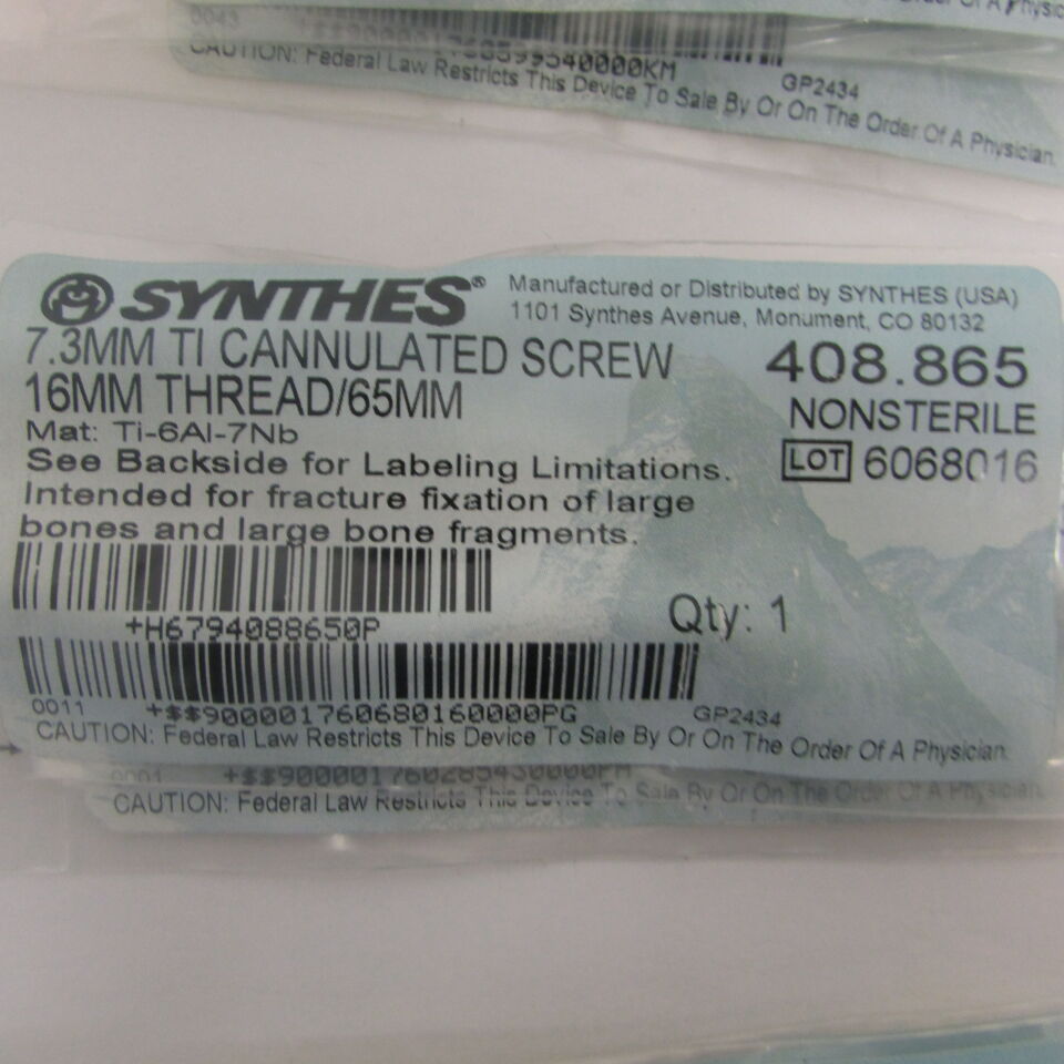 408.865 - SYNTHES - 7.3mm ti cannulated screw 16mm thread/65mm, () - ( Expiry Date: EACH )