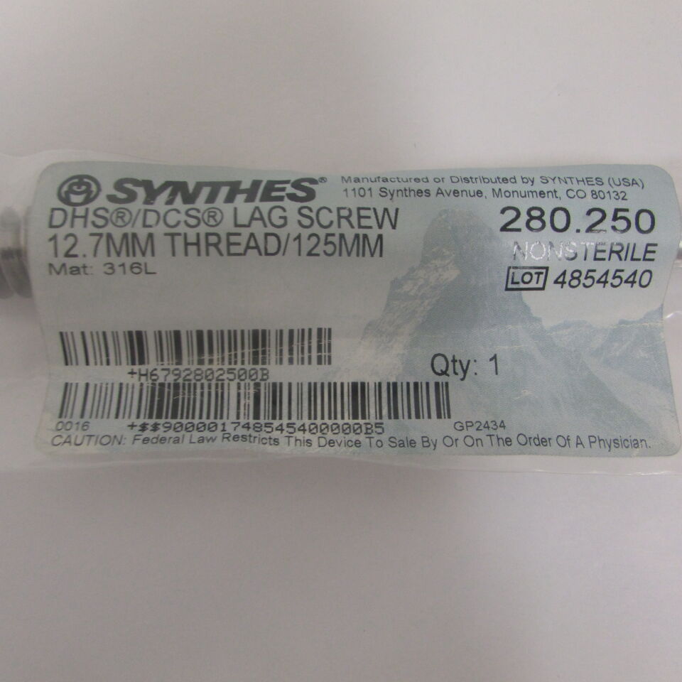 280.25 - SYNTHES - dhs/dcs lag screw 12.7mm thread/125mm, () - ( Expiry Date: EACH )