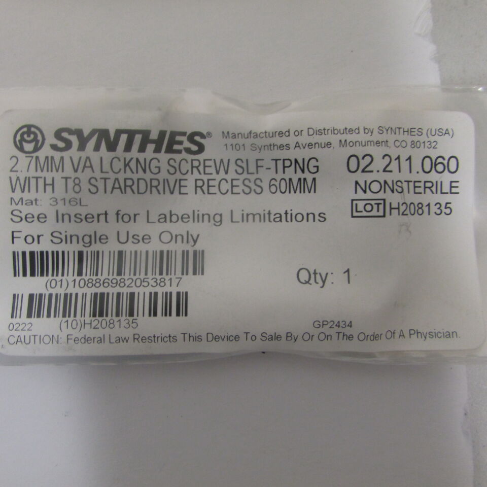 02.211.060 - SYNTHES - 2.7mm va lckng screw slf-tpng with t8 stardrive recess 60mm , () - ( Expiry Date: EACH )