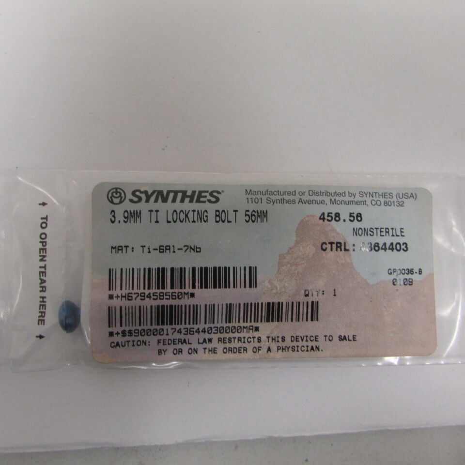 458.56 - SYNTHES - 3.9mm ti locking bolt 56mm, () - ( Expiry Date: EACH )