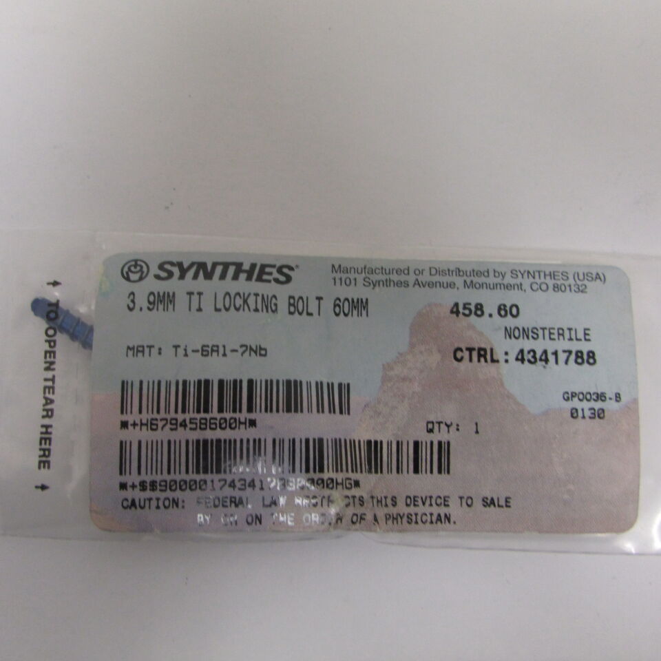 458.6 - SYNTHES - 3.9mm ti locking bolt 60mm, () - ( Expiry Date: EACH )