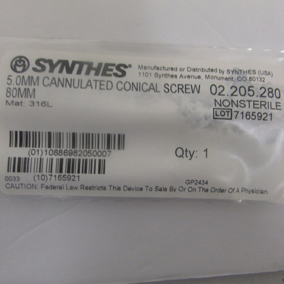 02.205.280 - SYNTHES - 5.0mm cannulated conical screw 80mm, () - ( Expiry Date: EACH )