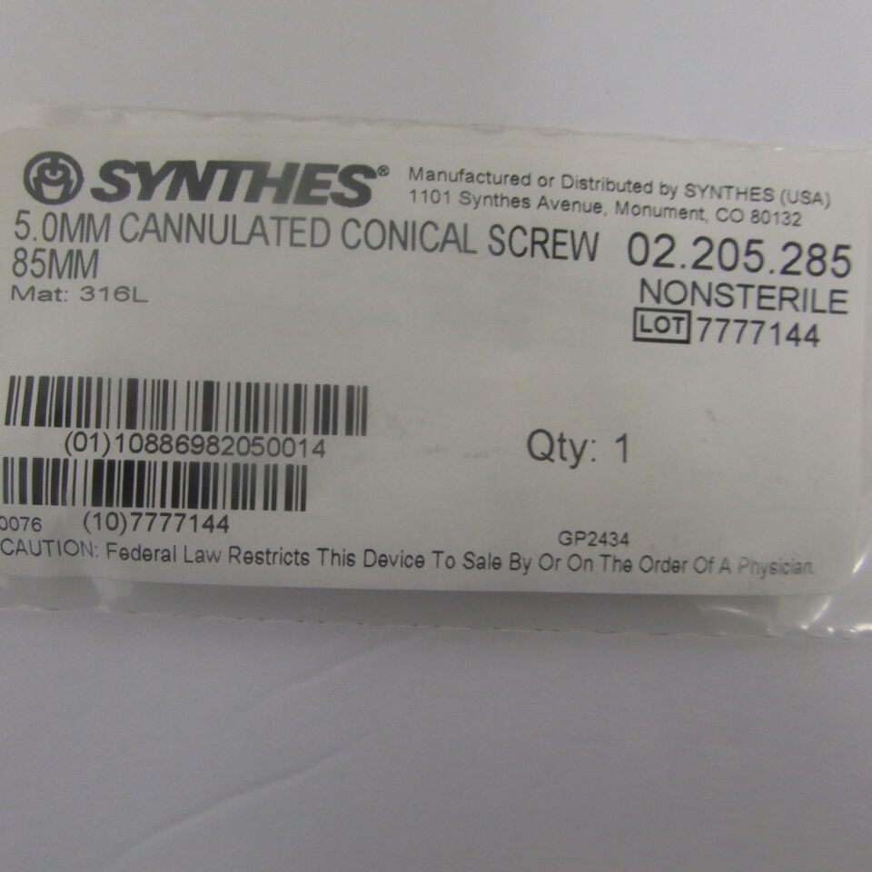 02.205.285 - SYNTHES - 5.0mm cannulated conical screw 85mm, () - ( Expiry Date: EACH )