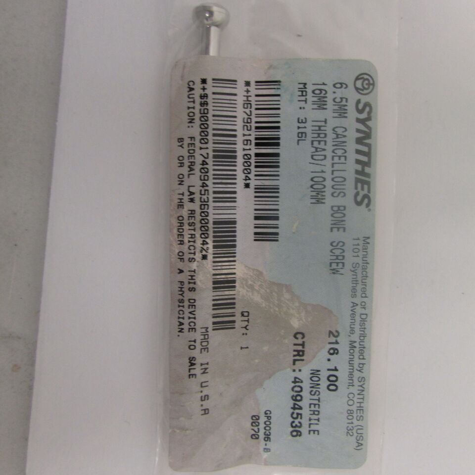 216.1 - SYNTHES - 6.5mm cancellous bone screw 16mm thread/100mm, () - ( Expiry Date: EACH )