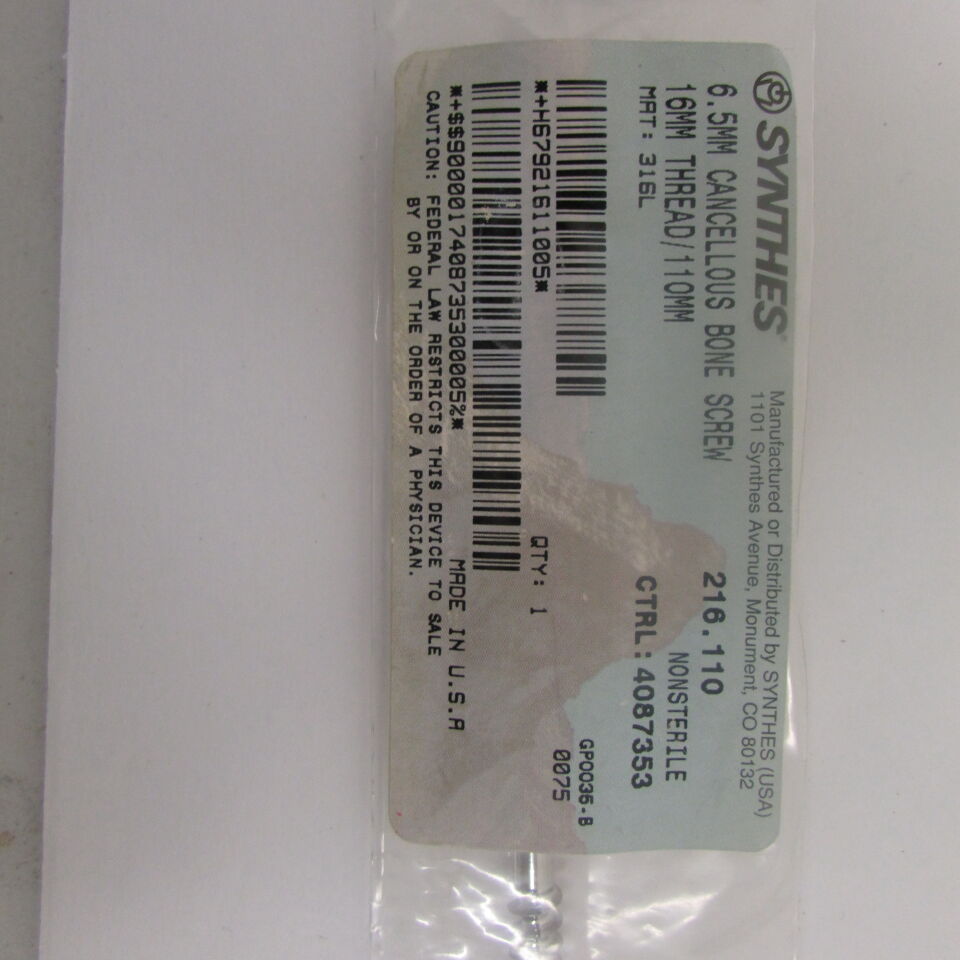 216.11 - SYNTHES - 6.5mm cancellous bone screw 16mm thread/110mm, () - ( Expiry Date: EACH )