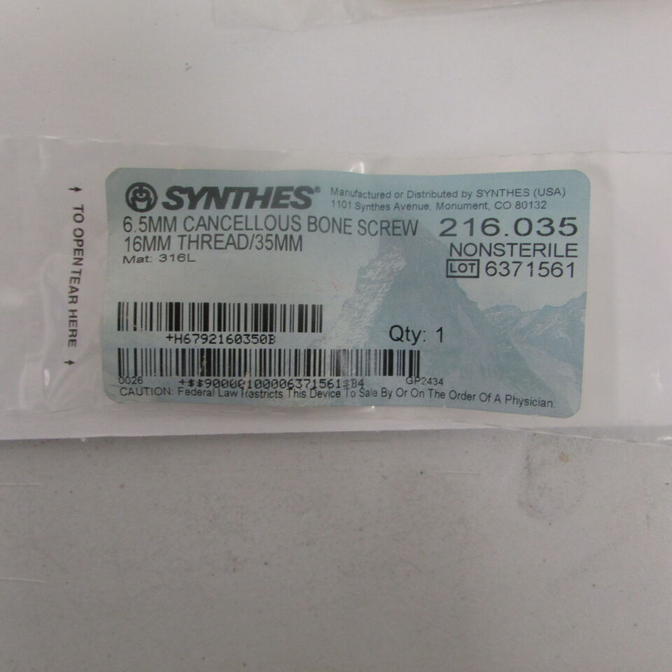 216.035 - SYNTHES - 6.5mm cancellous bone screw 16mm thread/35mm, () - ( Expiry Date: EACH )