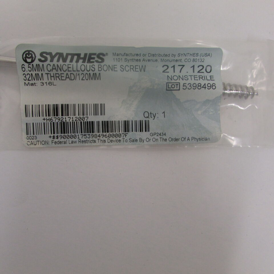 217.12 - SYNTHES - 6.5mm cancellous bone screw 32mm thread/120mm, () - ( Expiry Date: EACH )