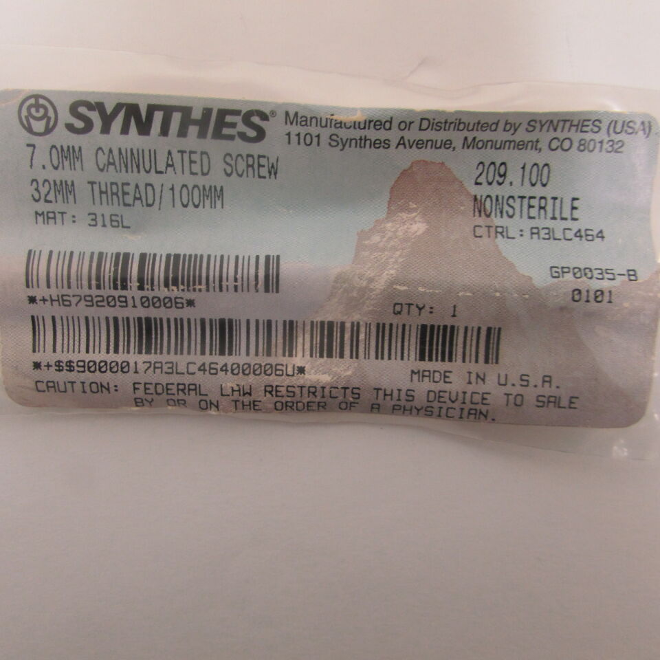 209.1 - SYNTHES - 7.0mm cannulated screw 32mm thread/100mm, () - ( Expiry Date: EACH )