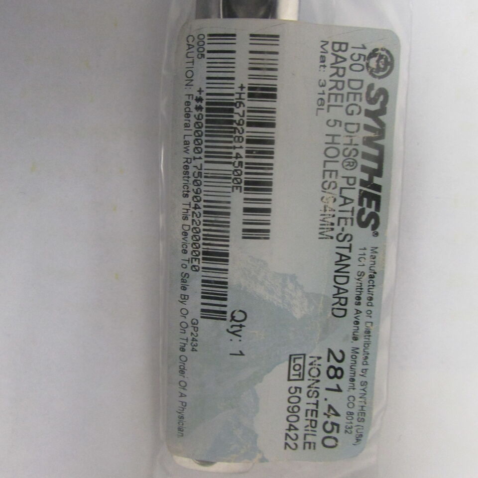 281.45 - SYNTHES - 150 deg dhs plate-standard barrel 5 holes/94mm, () - ( Expiry Date: EACH )