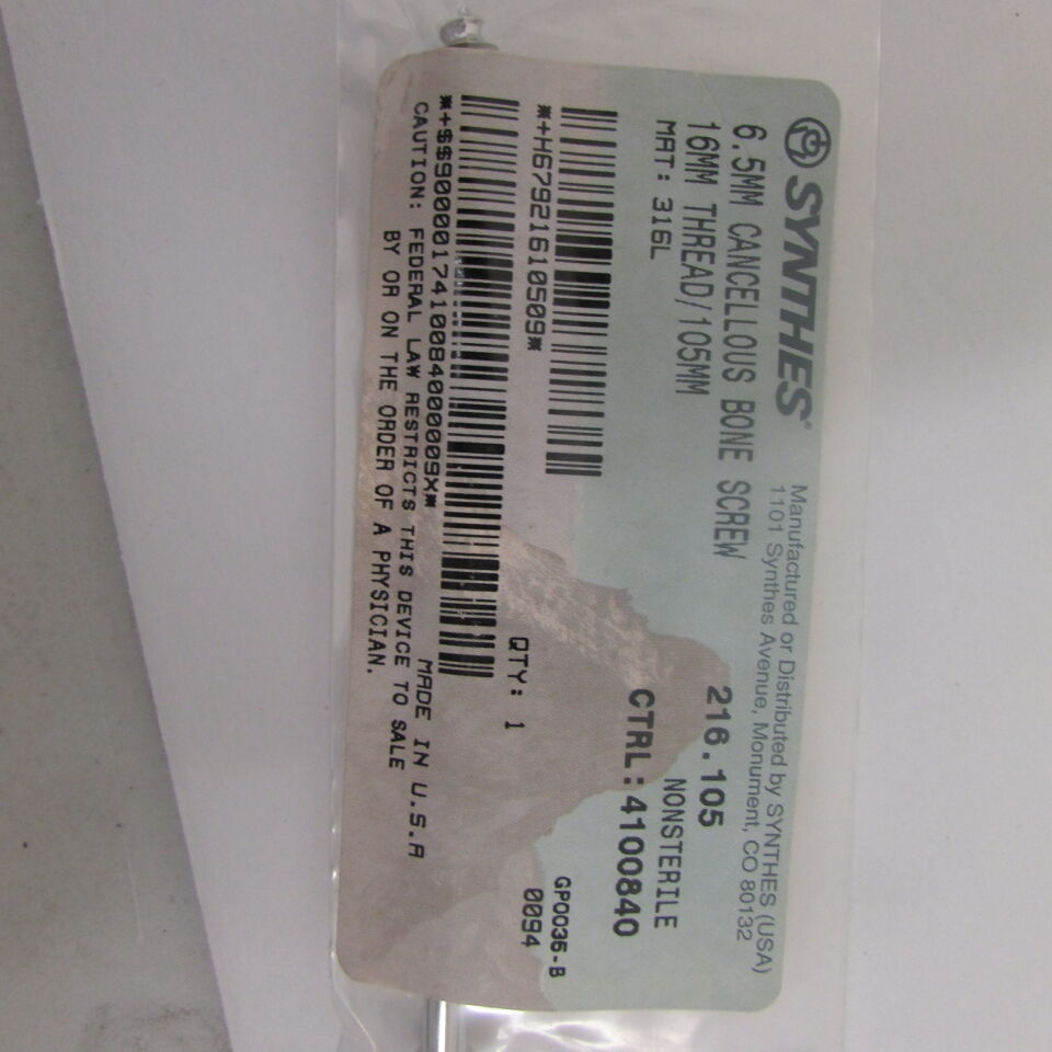 216.105 - SYNTHES - 6.5mm cancellous bone screw 16mm thread/105mm, () - ( Expiry Date: EACH )