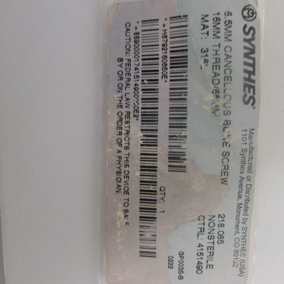 216.065 - SYNTHES - 6.5mm cancellous bone screw 16mm thread/65mm, () - ( Expiry Date: EACH )