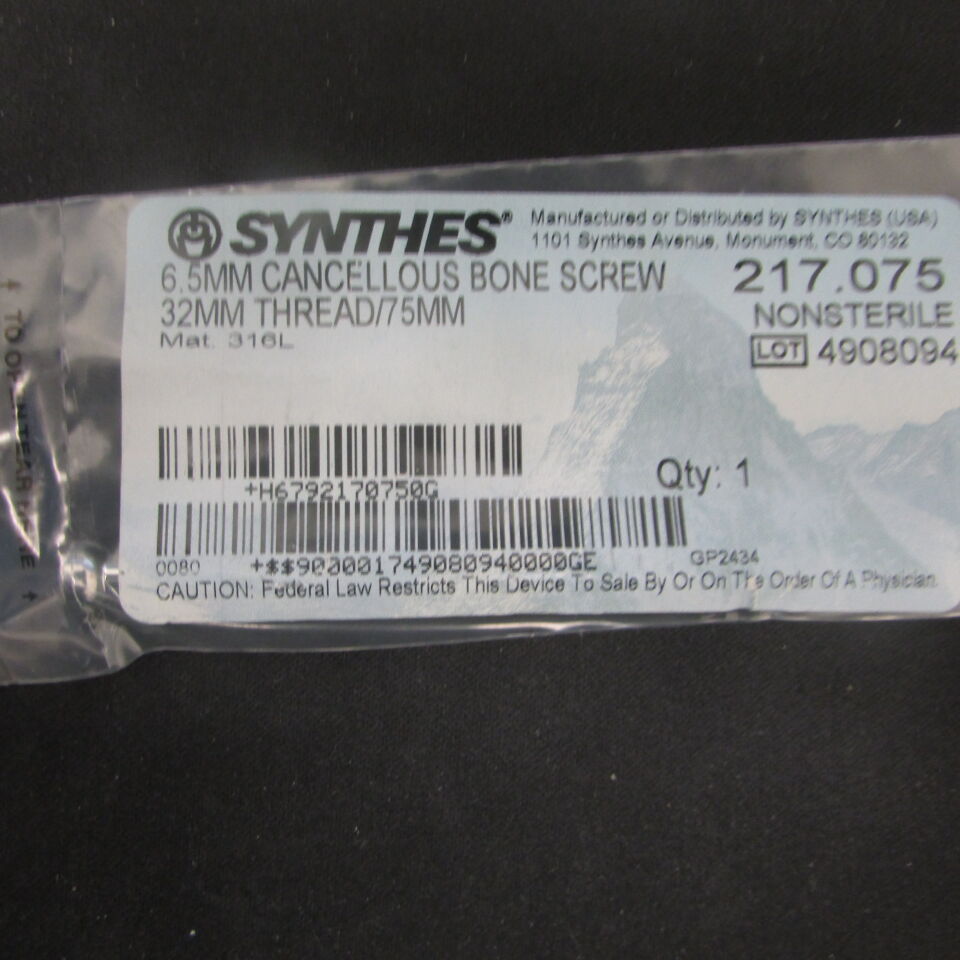 217.075 - SYNTHES - 6.5mm cancellous bone screw 32mm thread/75mm, () - ( Expiry Date: EACH )