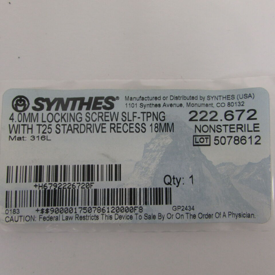 222.672 - SYNTHES - 4.0mm locking screw slf-tpng with t25 stardrive recess 18mm, () - ( Expiry Date: EACH )