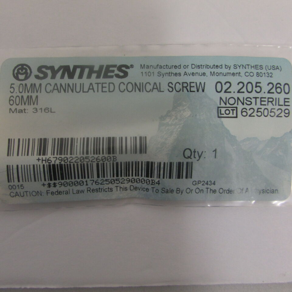 02.205.260 - SYNTHES - 5.0mm cannulated conical screw 60mm, () - ( Expiry Date: EACH )