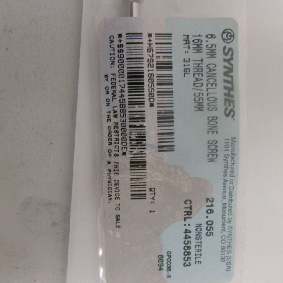216.055 - SYNTHES - 6.5mm cancellous bone screw 16mm thread/55mm, () - ( Expiry Date: EACH )