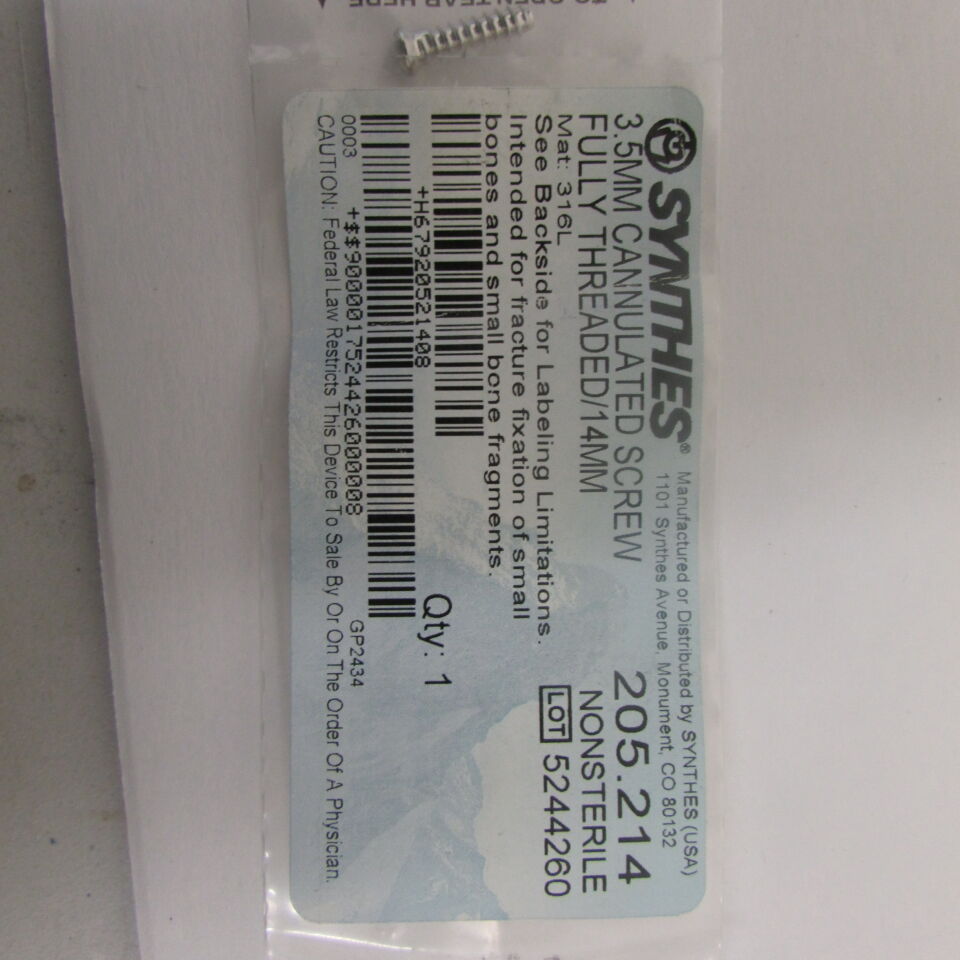 205.214 - SYNTHES - 3.5mm cannulated screw fully threaded/14mm, () - ( Expiry Date: EACH )