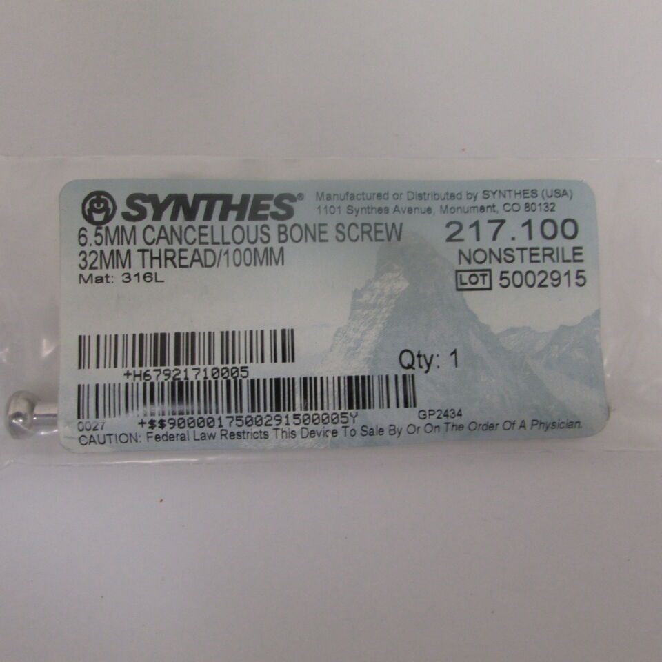 217.1 - SYNTHES - 6.5mm cancellous bone screw 32mm thread/100mm, () - ( Expiry Date: EACH )