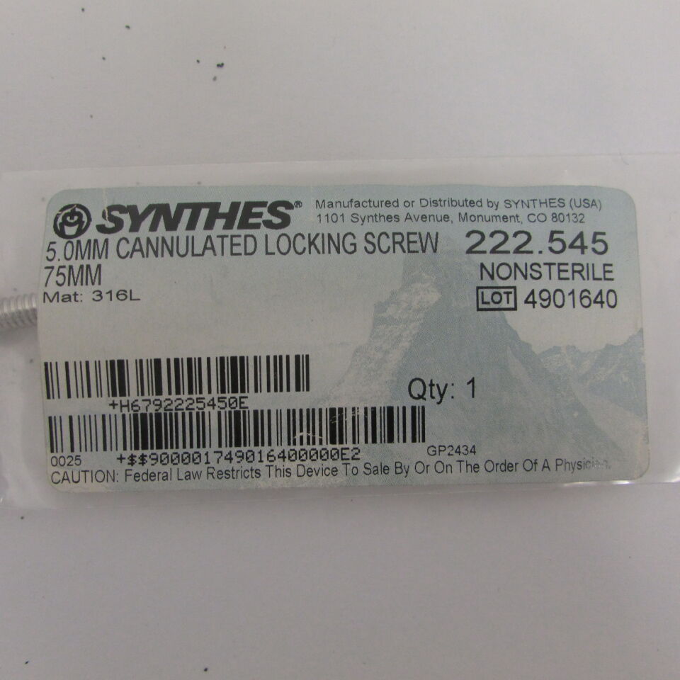 222.545 - SYNTHES - 5.0mm cannulated locking scrw 75mm, () - ( Expiry Date: EACH )