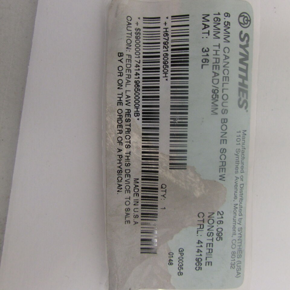 216.095 - SYNTHES - 6.5mm cancellous bone screw 16mm thread/95mm, () - ( Expiry Date: EACH )