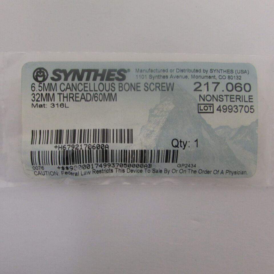 217.06 - SYNTHES - 6.5mm cancellous bone screw 32mm thread/60mm, () - ( Expiry Date: EACH )