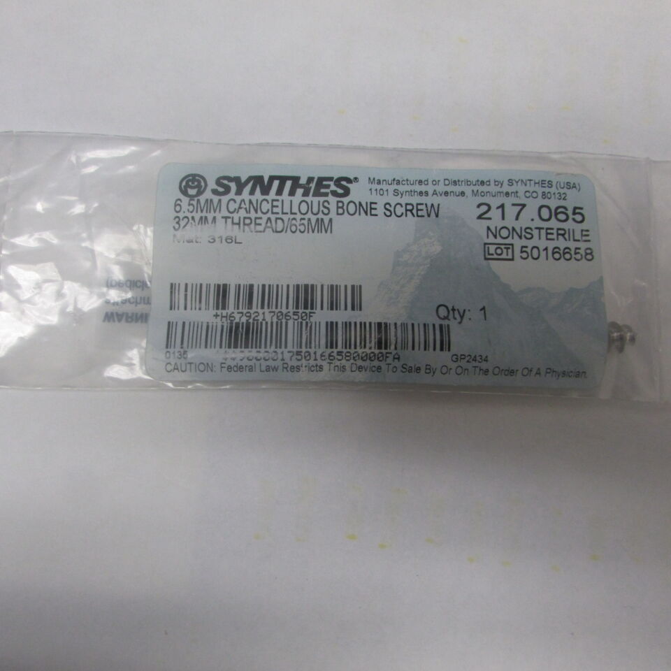 217.065 - SYNTHES - 6.5mm cancellous bone screw 32mm thread/65mm, () - ( Expiry Date: EACH )